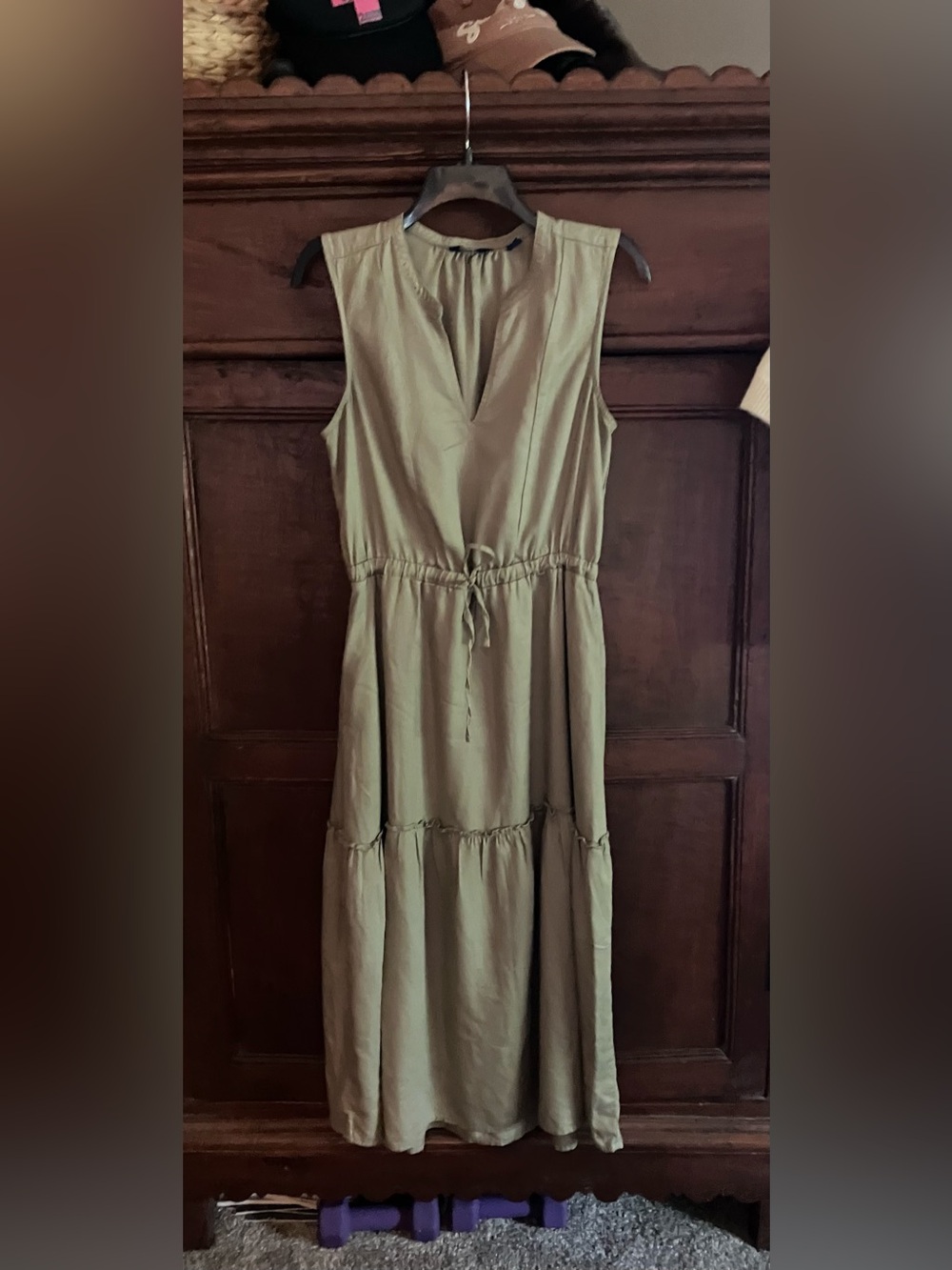 Lands' End Sleeveless Taupe Maxi Dress with Drawstring Waist